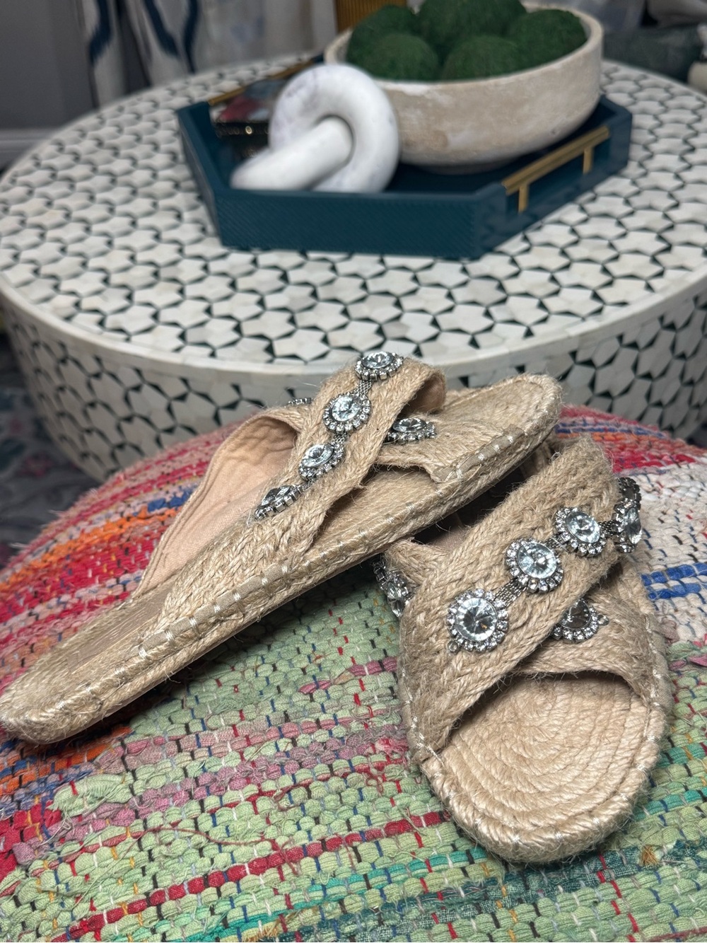 🌞🪩 ASOS Natural Jute Slide Sandals with Crystal Embellishments Boho Woven 🪩🌞 - Picture 3 of 5